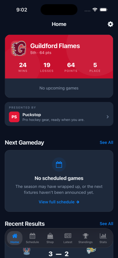 Phone screenshot of the Elite Ice home tab with a "Presented by Puckstop" partner card under the favourite-team summary