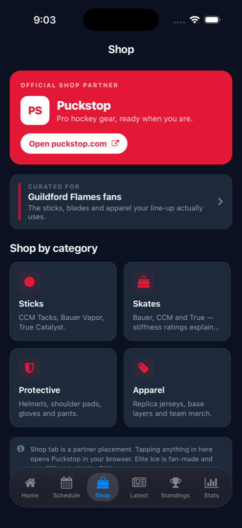 Phone screenshot of the Elite Ice Shop tab with an "Official shop partner, Puckstop" hero card and shop-by-category grid