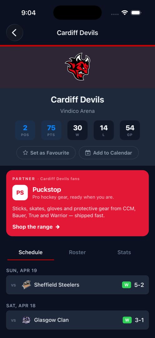Phone screenshot of the Cardiff Devils team page with a Puckstop partner card sitting beneath the season stats
